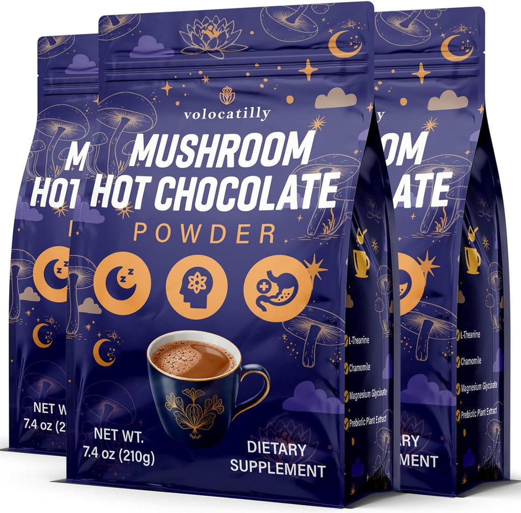 Mushroom Hot Cocoa with Magnesium Glycinate, Reishi, L-Theanine, Ashwagandha, Lemon Balm, Lavender, Cacao Powder Organic Hot Chocolate Supplement for Sleep, Relaxation, No Melatonin, Vegan, 3P