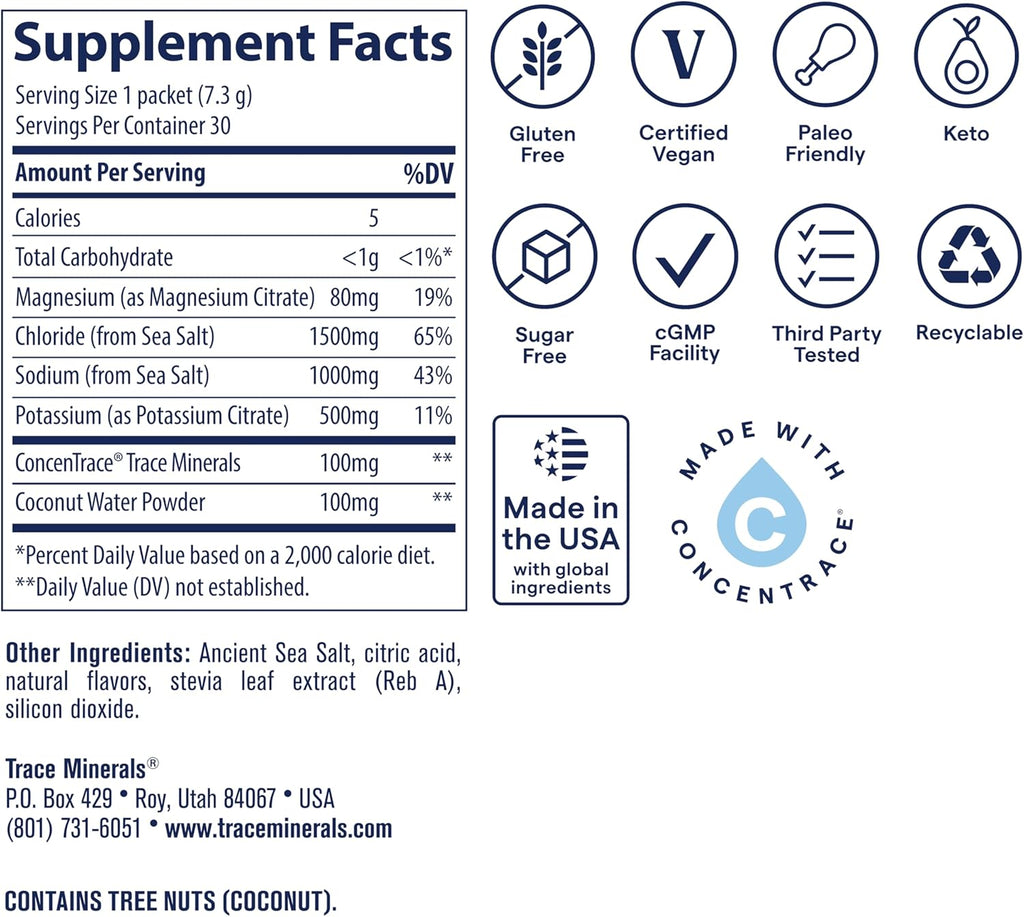 Trace Minerals ZeroLyte Salty Watermelon Flavor - Sugar Free Electrolyte Drink Mix - Supports Hydration, Energy, Stamina - Ancient Sea Salt, Full Spectrum Minerals, Coconut Water - 30 Packets