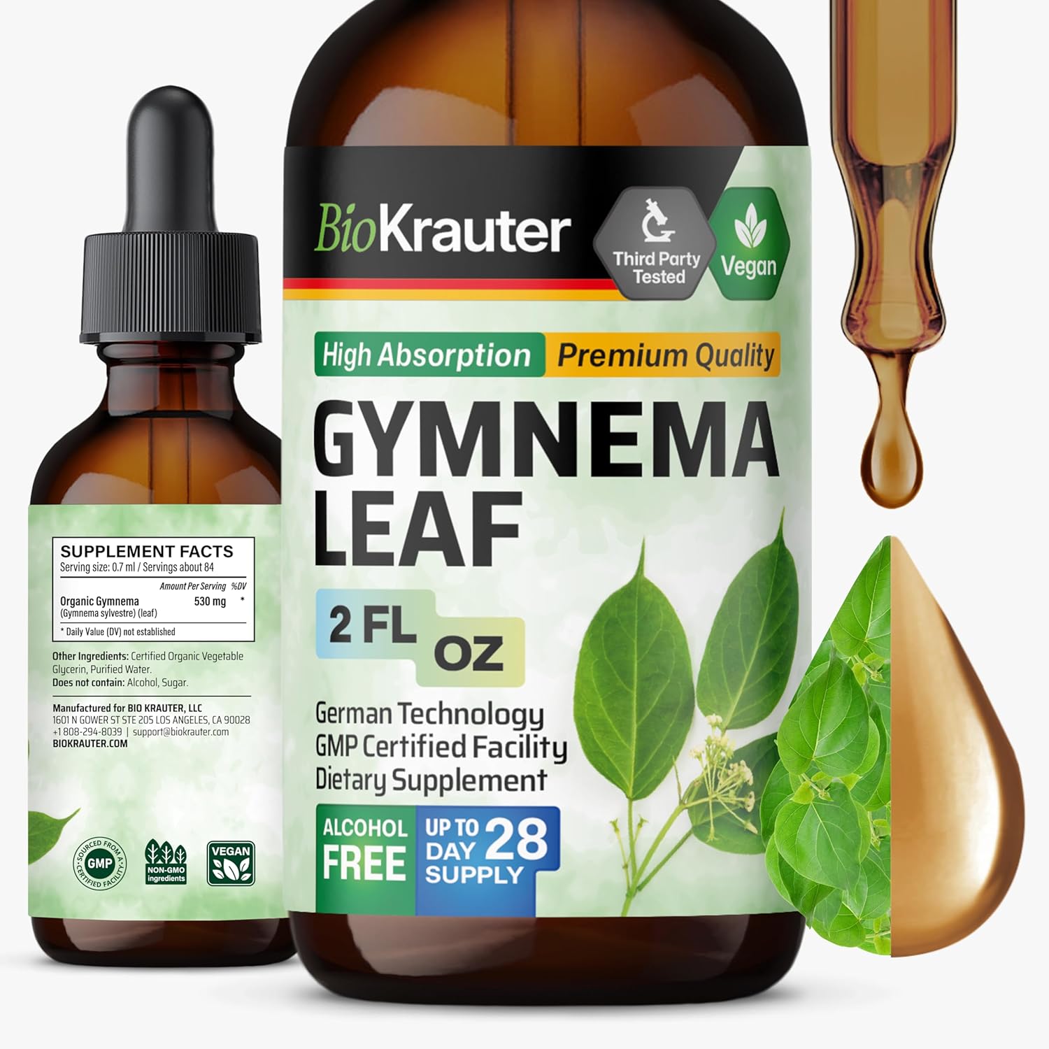 BIO KRAUTER Gymnema Sylvestre Extract Drops - Alcohol and Sugar Free - Vegan Gymnema Leaf Extract 2 Fl.Oz.
