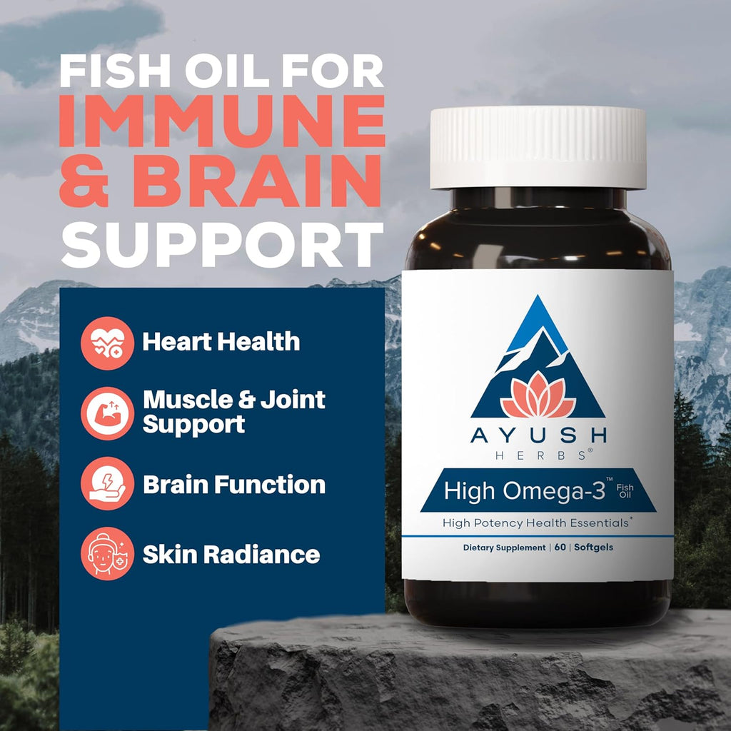 Ayush Herbs High Omega 3 - Omega 3 Fish Oil, 1000mg Per Capsule, EPA & DHA Fish Oil Supplement for Women & Men, Natural Lemon Flavor - 60 Softgel Capsules (1 Count)