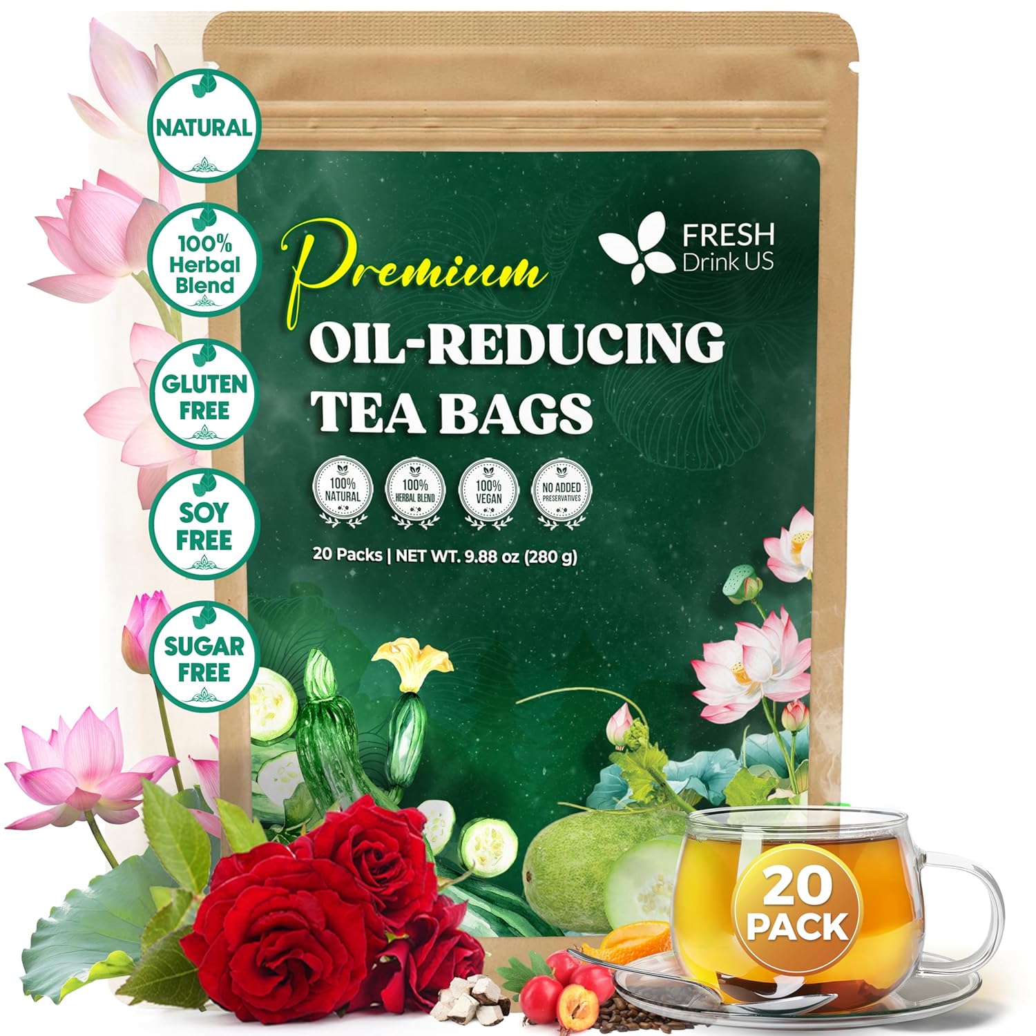 FRESHDRINKUS, 20 Packs of Oil Reducing Tea, Oil Cleansing for Liver, 10 Herbal Ingredients, Traditional Recipe Tea for Liver, 100% Natural, Easy Brewing, Steep Repeatedly
