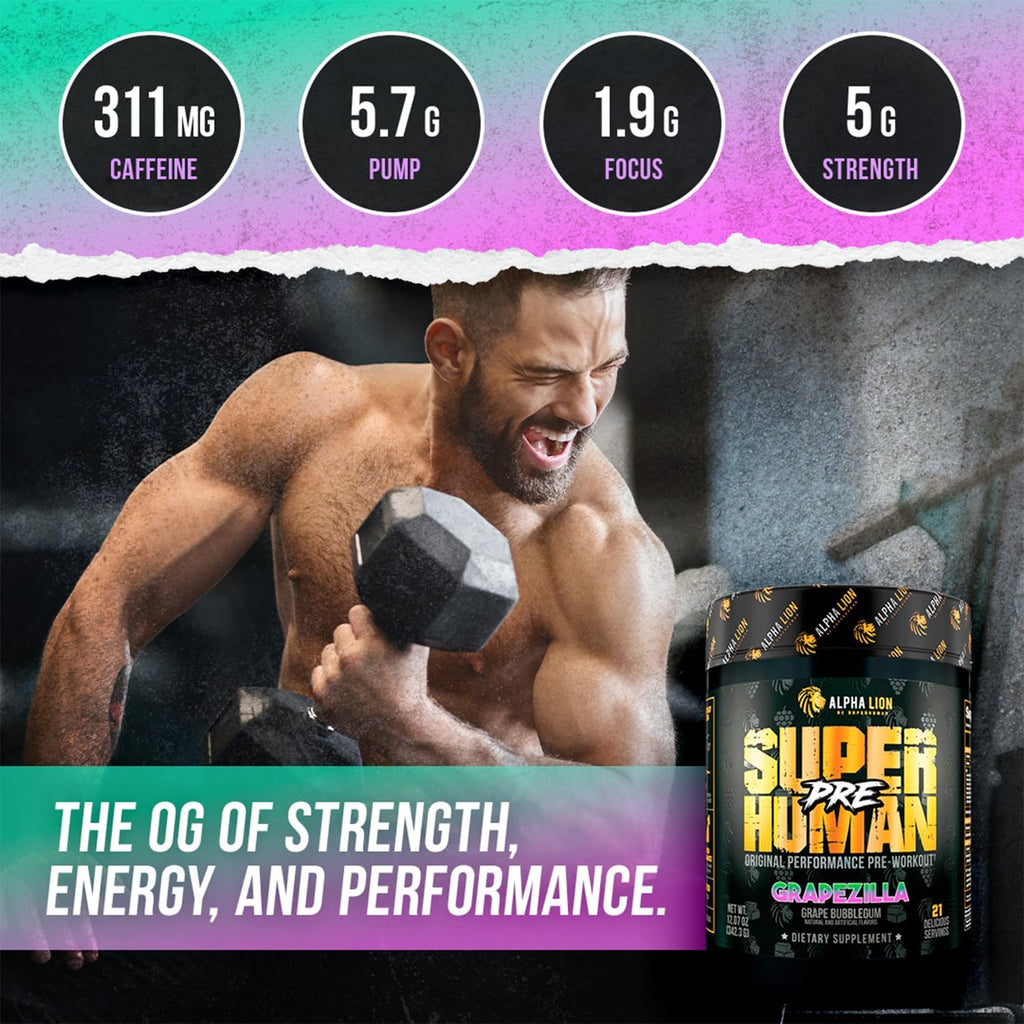ALPHA LION Superhuman Pre Workout Powder, Beta Alanine, L-Taurine & Tri-Source Caffeine for Sustained Energy & Focus, Nitric Oxide & Citrulline for Pump (21 Servings, Grapezilla)