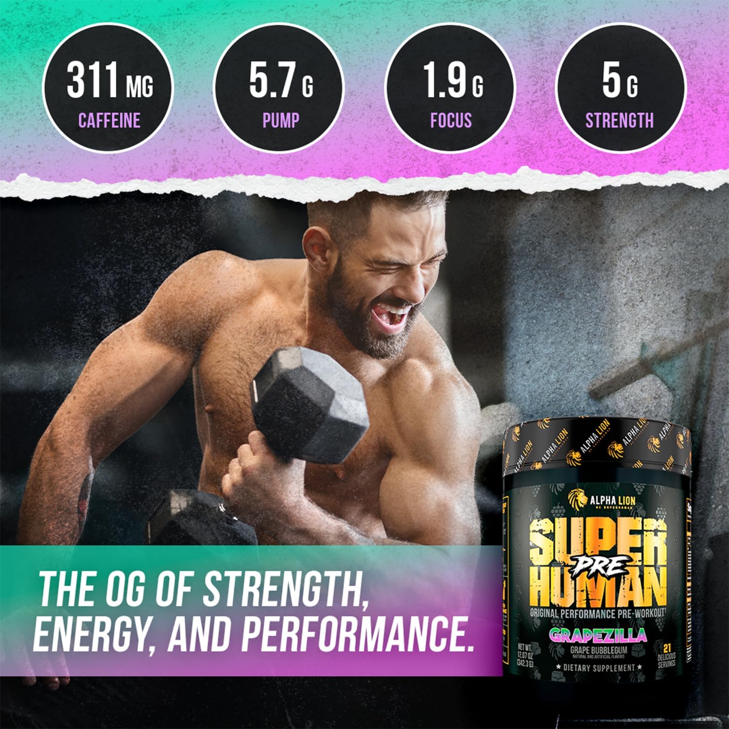 ALPHA LION Superhuman Pre Workout Powder, Beta Alanine, L-Taurine & Tri-Source Caffeine for Sustained Energy & Focus, Nitric Oxide & Citrulline for Pump (21 Servings, Grapezilla)
