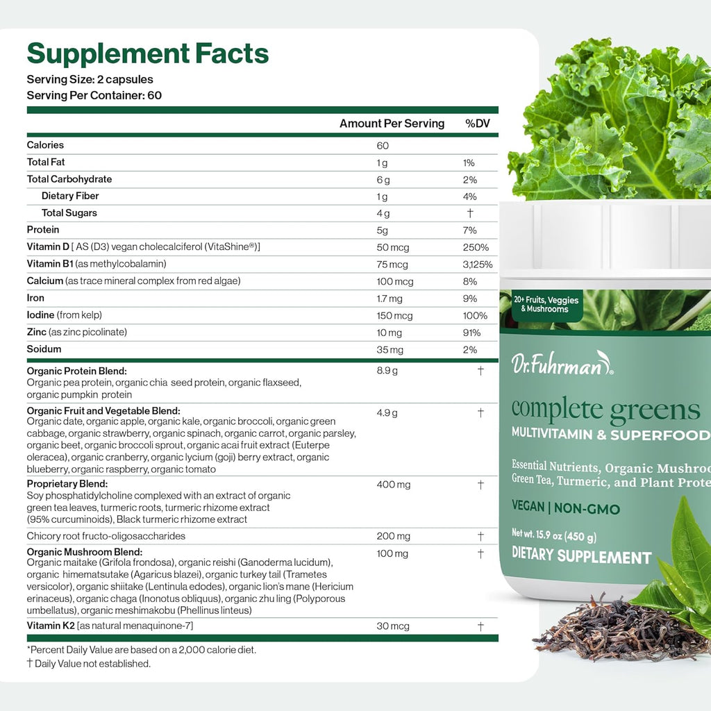Dr. Fuhrman Complete Greens Multivitamin and Superfoods Formula - Premium Powdered Greens Superfood for Optimal Health and Nutrition (30 Servings)