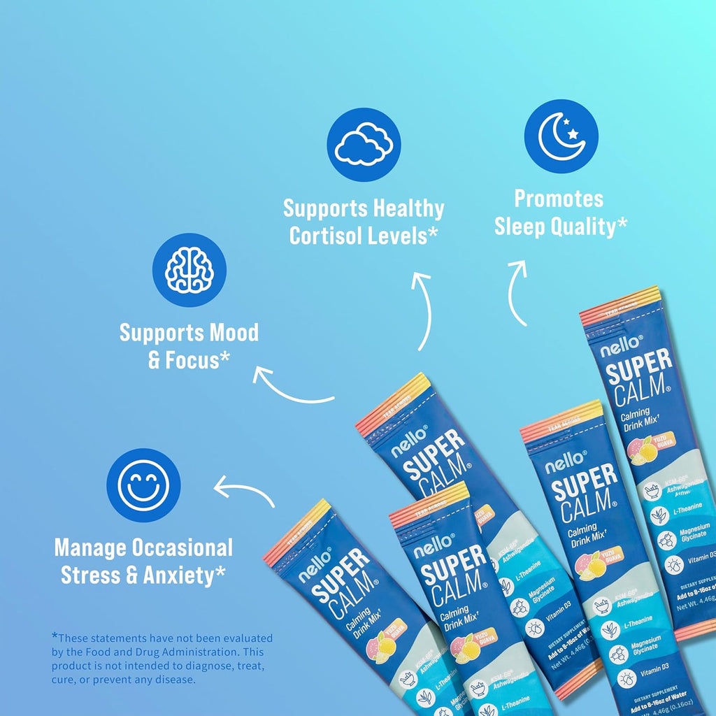 Supercalm Drink Mix - Ashwagandha KSM 66, Magnesium Glycinate & L-Theanine Supplement, Vitamin D3 - Ashwagandha Root Extract - Focus and Relaxation Support (20 Travel Packets) - Yuzu Guava