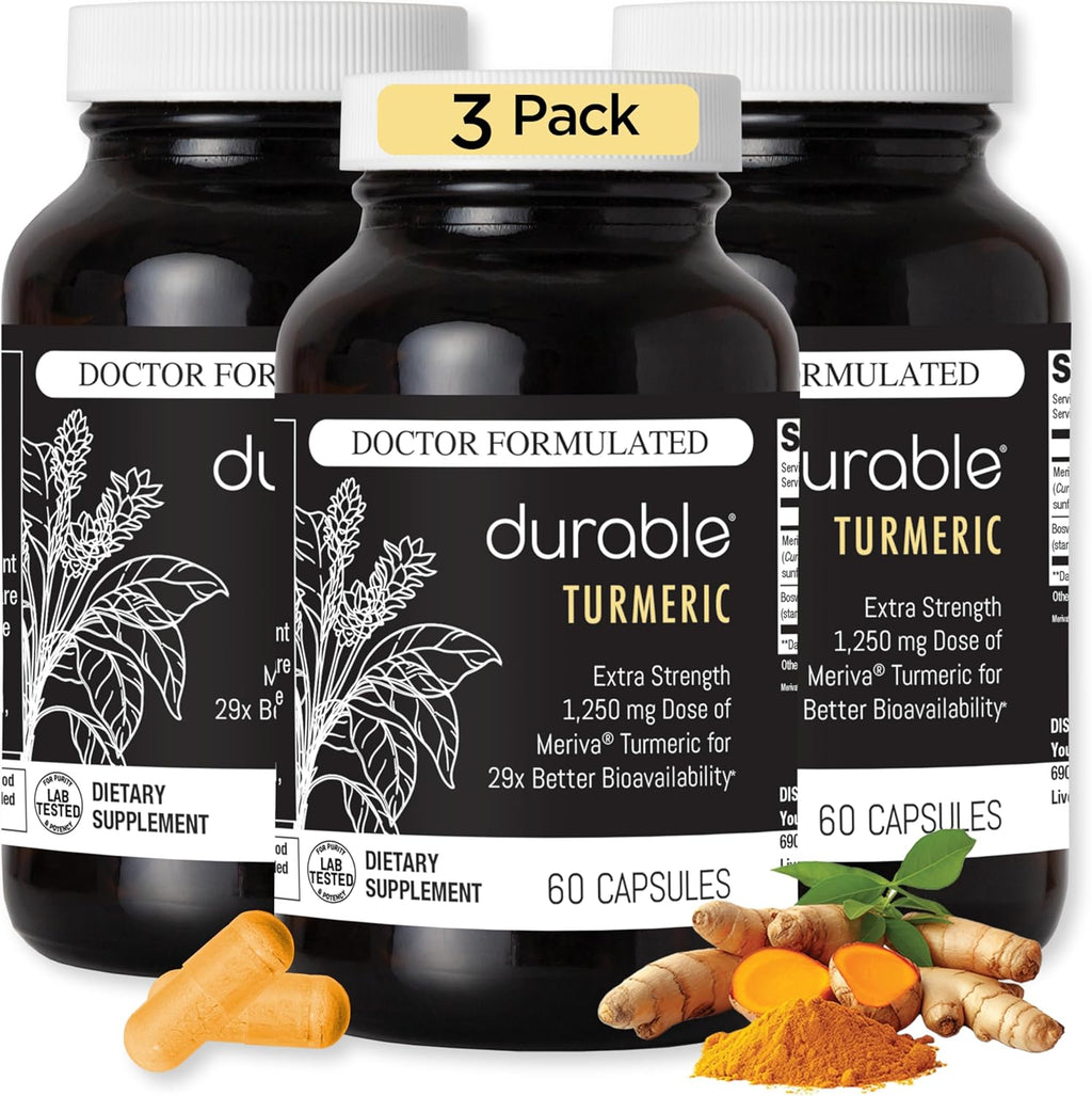 Durable Turmeric - 1250 mg Meriva Curcumin, 29X Better Absorption + Boswellia – Joint Comfort, Mobility & Healthy Inflammatory Response – Doctor Formulated, Vegan, Non-GMO, Made in USA (180 Capsules)