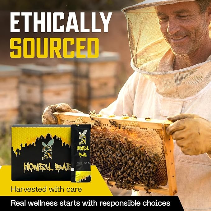 Honey Bae Natural Honey Satchets 12 Pack - Supplement for Vitality, Performance & Stamina - 15 Gram Satchet - Herbal Energy Boost for Men