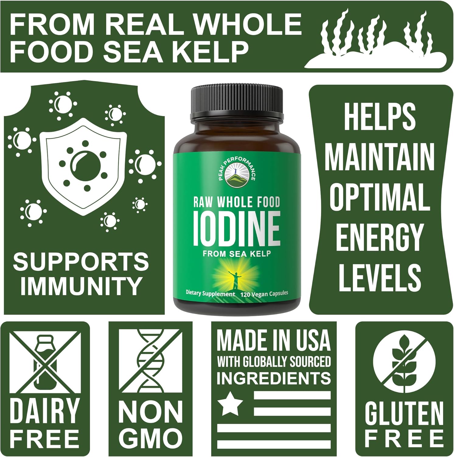 Raw Whole Food Iodine Supplement from Organic Kelp (Ascophyllum Nodosum) by Peak Performance. Potassium Iodide Support Tablets. for Metabolism, Energy, and Immune. 120 Vegan Capsules, Pills.