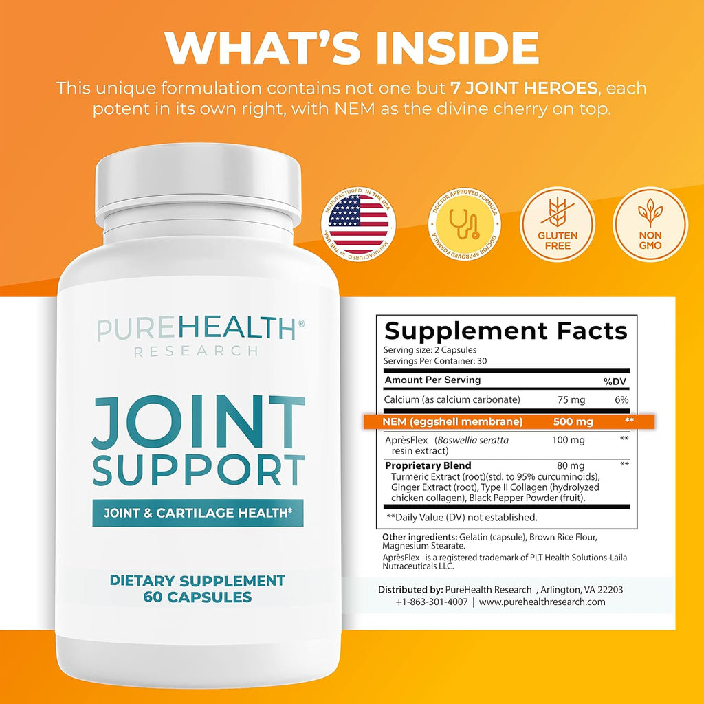 PUREHEALTH RESEARCH Joint Support NEM Eggshell Membrane with Boswellia Extract, Calcium & Turmeric, 60 Capsules