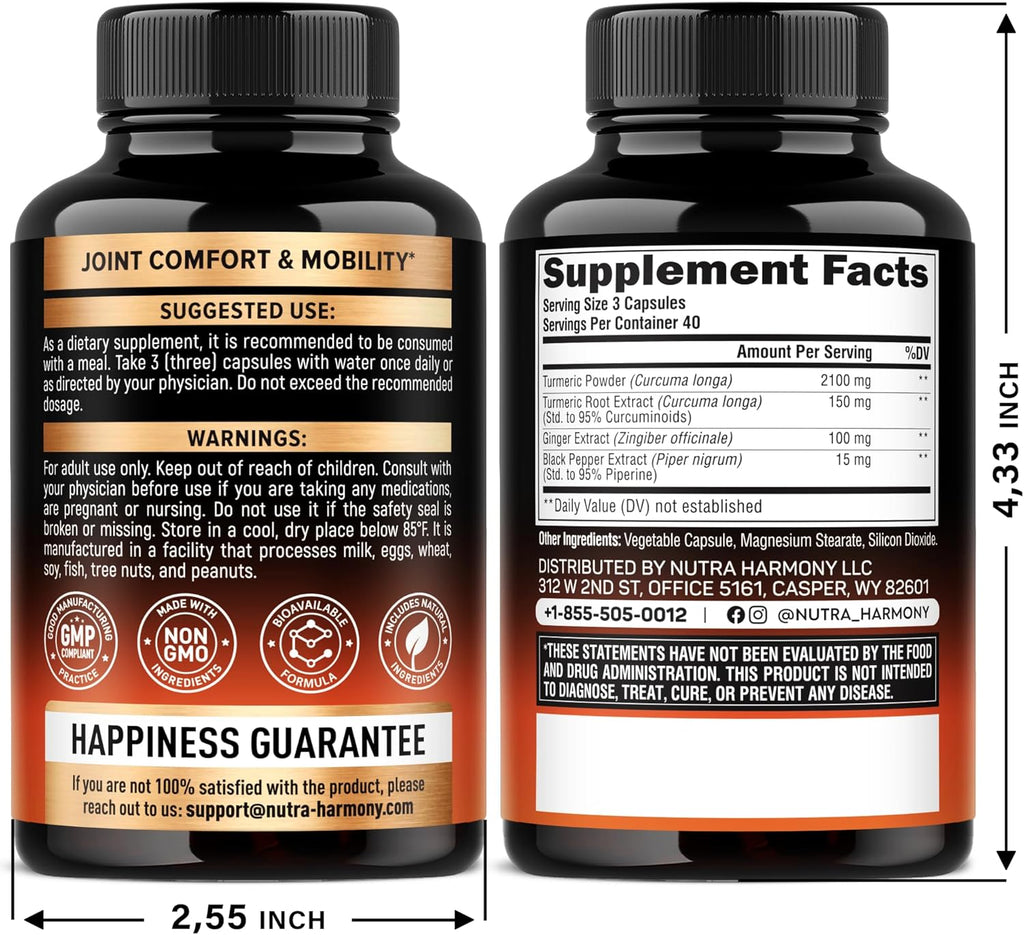 Turmeric Curcumin Supplement 2365 mg - Turmeric with Ginger & Black Pepper - Highly Bioavailable & Extra Strength 95% Curcuminoids - Antioxidant, Immunity & Joint Support - Made in USA - 120 Capsules