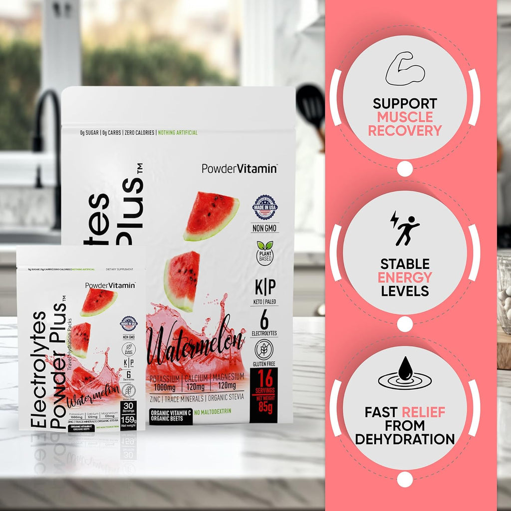 PowderVitamin Electrolytes Powder Plus, Keto, Watermelon, Sugar Free, Pink Himalayan Salt, 1000mg Potassium, 120mg Calcium, 120mg Magnesium, Non-GMO, Zero Calories, (16 Hydration Packets)