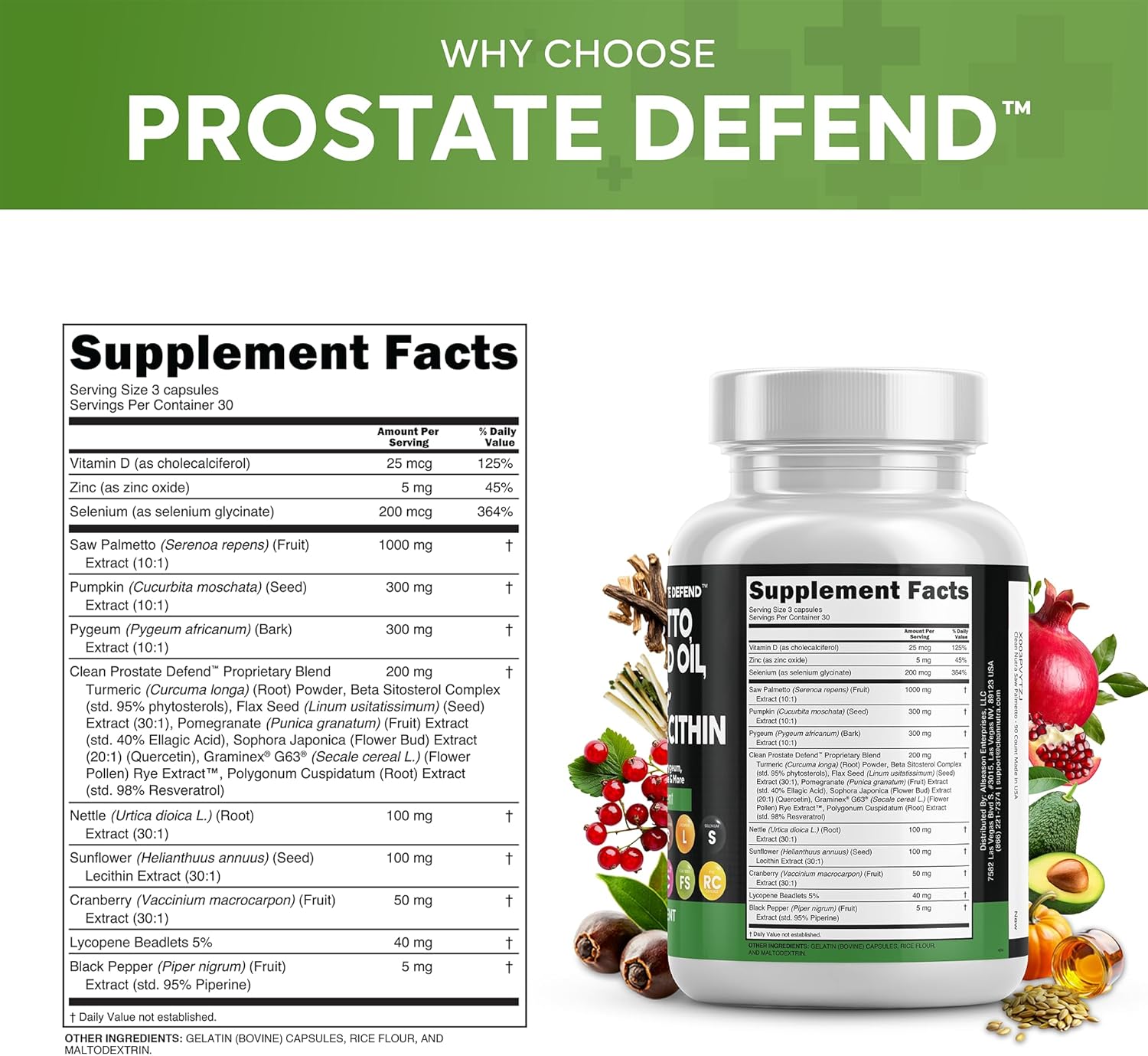 Clean Nutraceuticals Saw Palmetto Pumpkin Seed Oil Pygeum Sunflower Lecithin Stinging Nettle Cranberry - Prostate Supplements for Men with Lycopene - 90 Caps