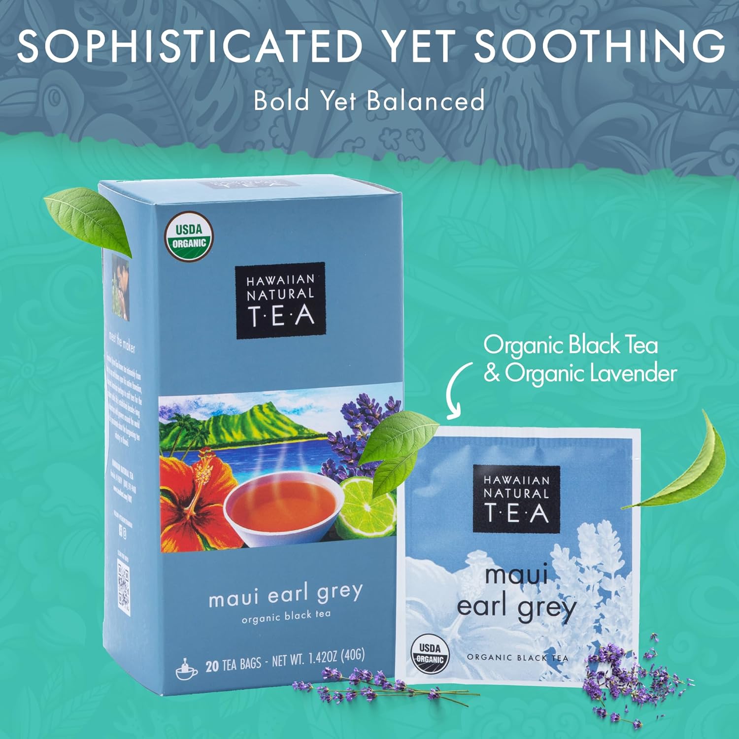 Hawaiian Natural Tea Organic Maui Lavender Earl Grey Tea Bags - Premium Black Tea - Antioxidant Rich - 60 Tea Bags