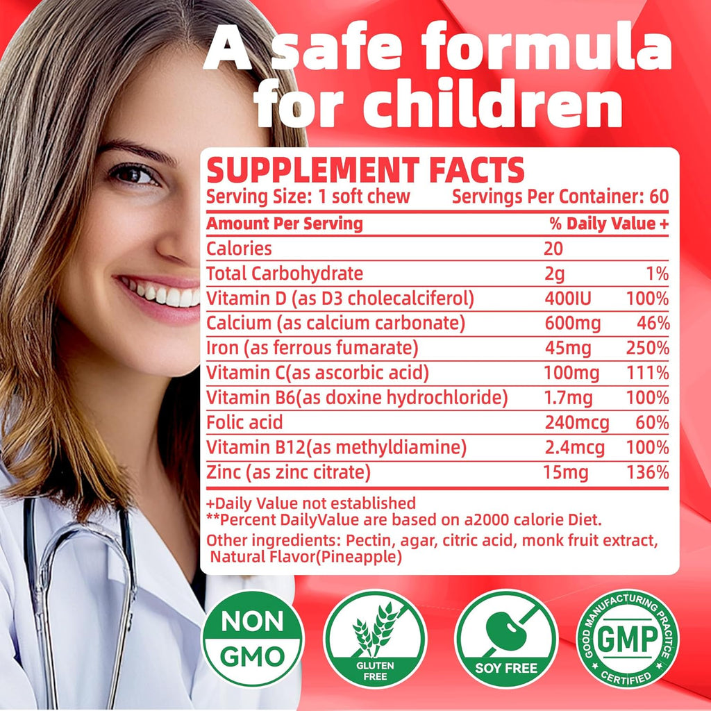 Iron Soft Chew Supplement with Vitamin C | Strawberry Flavored | Gluten Free | Iron Supplement for Women Men and Kids | 60 Count | 2 Month Supply