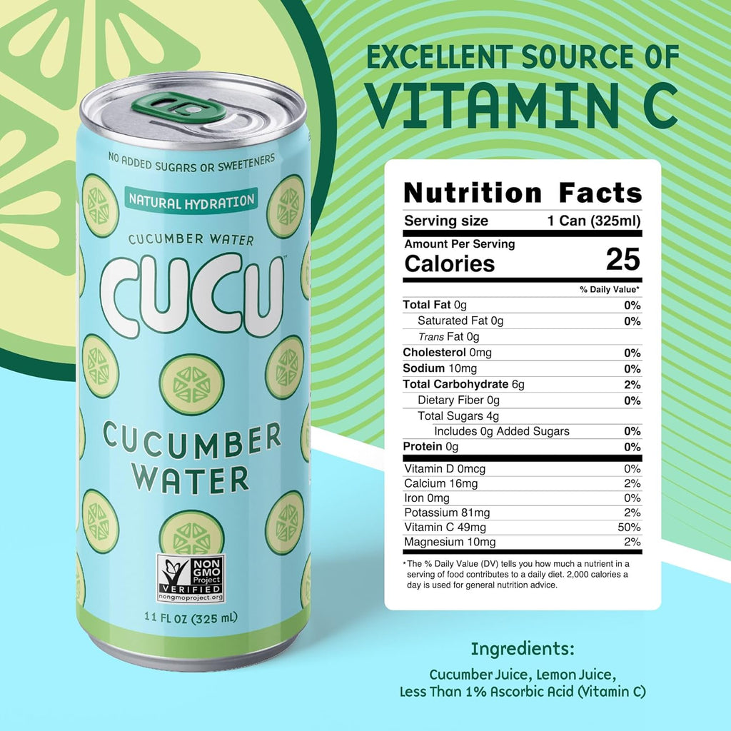CUCU Cucumber Water – Natural Hydration from Cucumbers with Vitamin C, Electrolytes & Antioxidants – No Sugar Added, Non-GMO – 12 Pack, 11 fl oz Cans