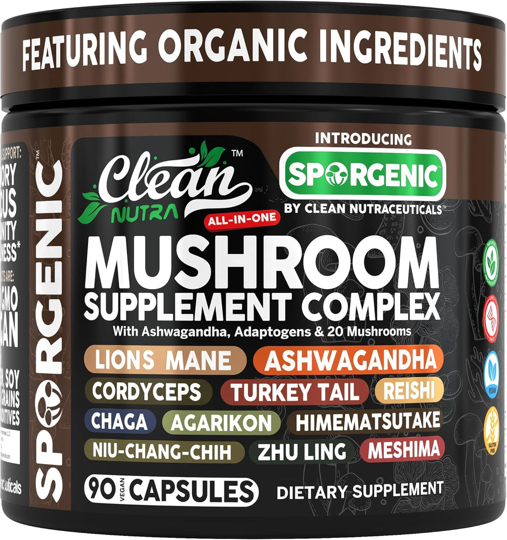 Organic Mushroom Supplement | Ashwagandha Lions Mane Cordyceps Turkey Tail Reishi Mushrooms Maca Root Black Hoof Chaga Tremella Agarikon Shiitake Oyster Powder Capsules Sporgenic by Clean Nutra (1)