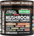Organic Mushroom Supplement | Ashwagandha Lions Mane Cordyceps Turkey Tail Reishi Mushrooms Maca Root Black Hoof Chaga Tremella Agarikon Shiitake Oyster Powder Capsules Sporgenic by Clean Nutra (1)