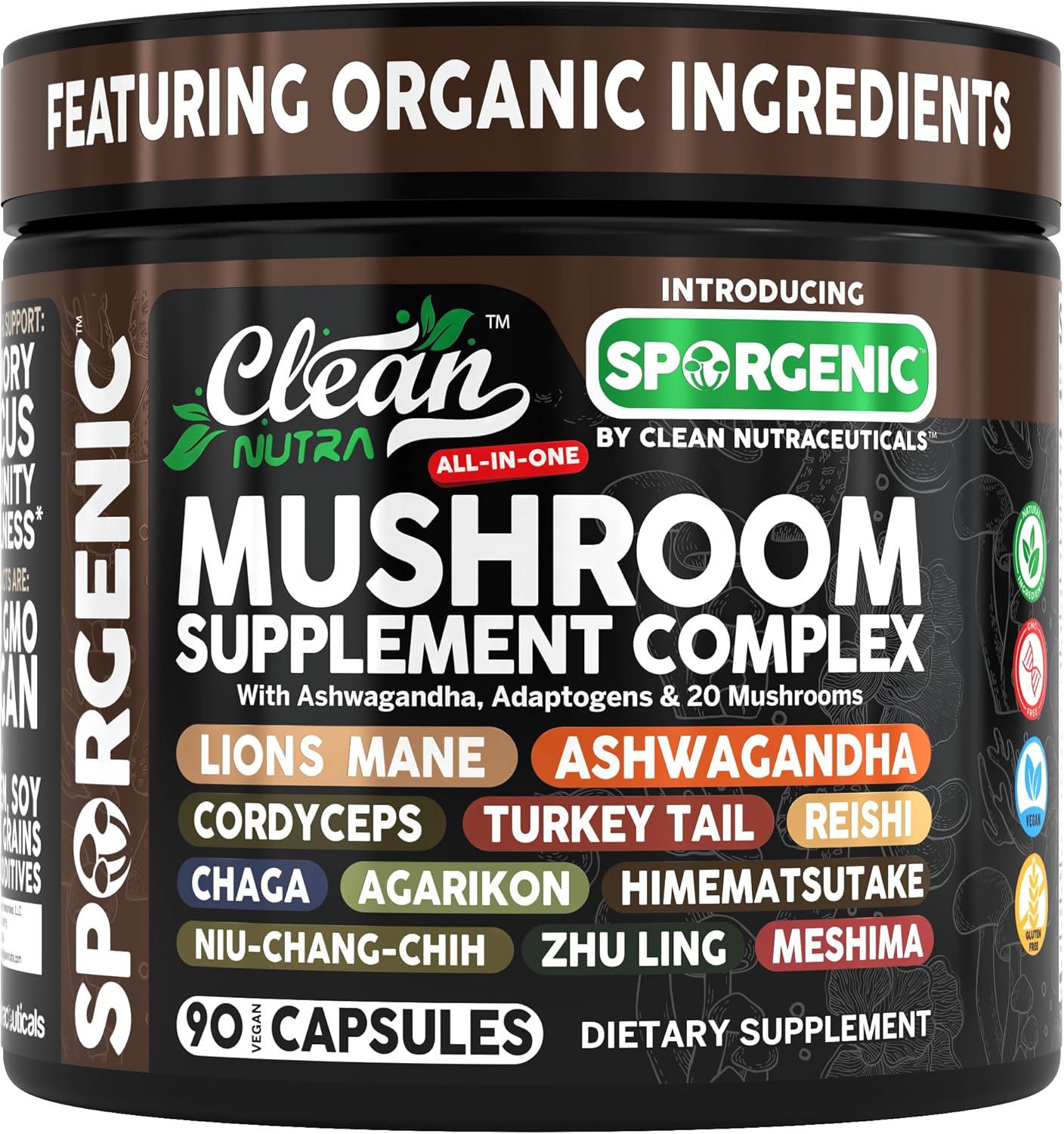 Organic Mushroom Supplement | Ashwagandha Lions Mane Cordyceps Turkey Tail Reishi Mushrooms Maca Root Black Hoof Chaga Tremella Agarikon Shiitake Oyster Powder Capsules Sporgenic by Clean Nutra (1)