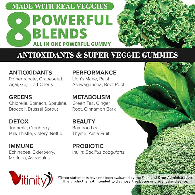 VITINITY Super Greens Multivitamin Gummies | Made with 30 Real Superfood Veggies, Herbs, Fruit for Adults & Kids to Boost Immunity, Skin & Gut Health | Non-GMO, Gluten-Free & Sugar-Free 30-Day Supply