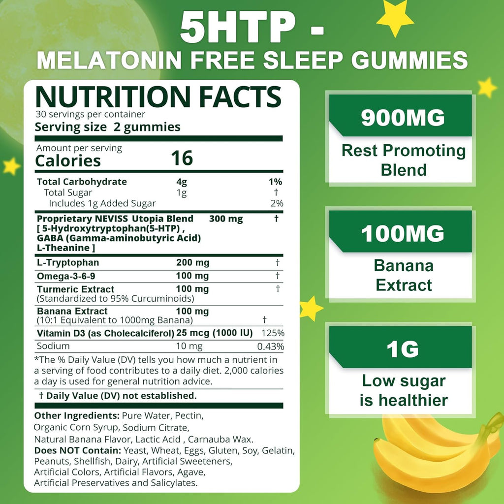 NEVISS 1Pack 5-HTP Gummies + GABA - Melatonin Free - Relaxation Gummies with Banana Extract, L-Theanine,L-Tryptophan, Vitamin D3 for Healthy Rest Cycle & Circadian Rhythm,Brain Function & Muscle Relax