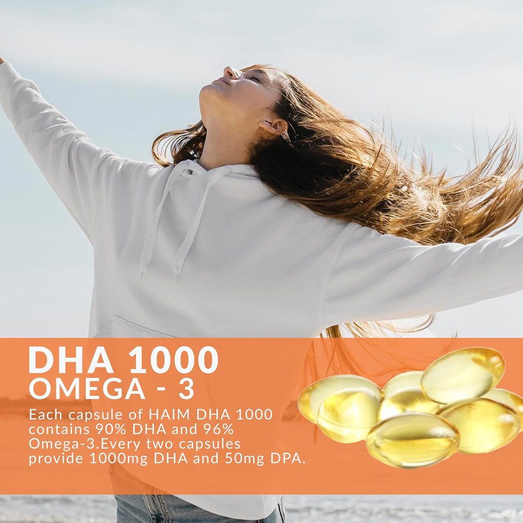 HAIM DHA 1000 Omega-3 Fish Oil - 90% Purity with 1000mg DHA, 50mg DPA - High Potency Fish Oil Supplement for Brain, Eye & Heart Support - Promotes Overall Wellness & Focus - 1 Box, 60 Softgels