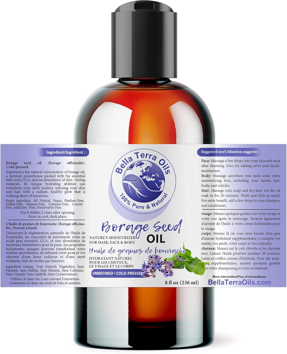 Bella Terra Oils - Organic Borage Seed Oil 8 oz - Cold-Pressed from Organic Borage Seeds, Overflowing with Vitamin E & Omega Fatty Acids, an Elixir of Youth & Beauty