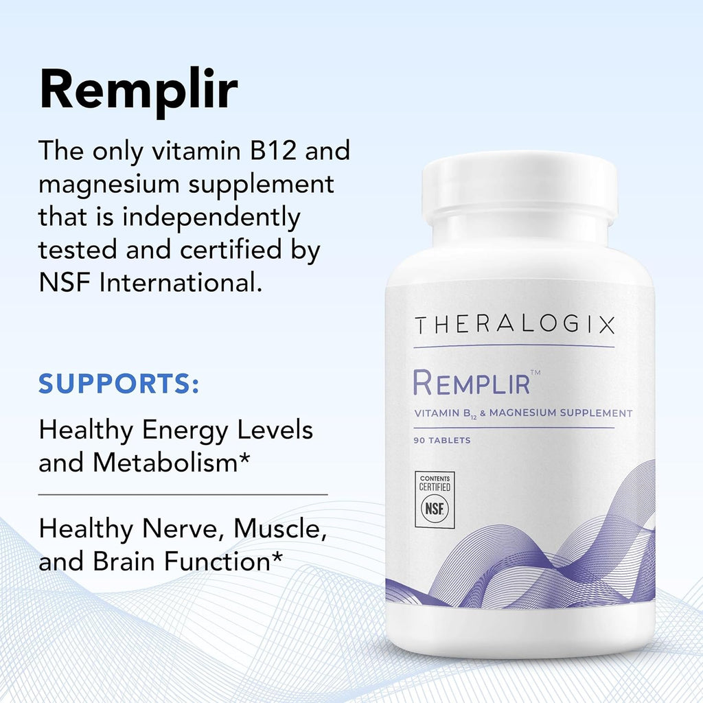 Theralogix Remplir Nutritional Supplement - 90-Day Supply - B12 Vitamin & Chelated Magnesium Supplement - Supports Heart Health, Bone Health & More - NSF Certified - 90 Tablets