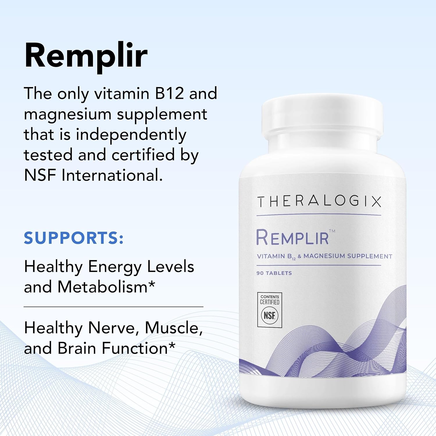 Theralogix Remplir Nutritional Supplement - 90-Day Supply - B12 Vitamin & Chelated Magnesium Supplement - Supports Heart Health, Bone Health & More - NSF Certified - 90 Tablets