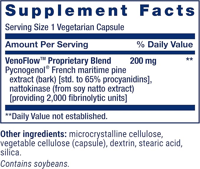 Life Extension VenoFlow™, nattokinase Enzyme, French Maritime Pine bark Extract, Supports Healthy Vascular Function, arm and Leg Circulation, Gluten Free, Non-GMO, Vegetarian, 1-Daily, 30 Capsules