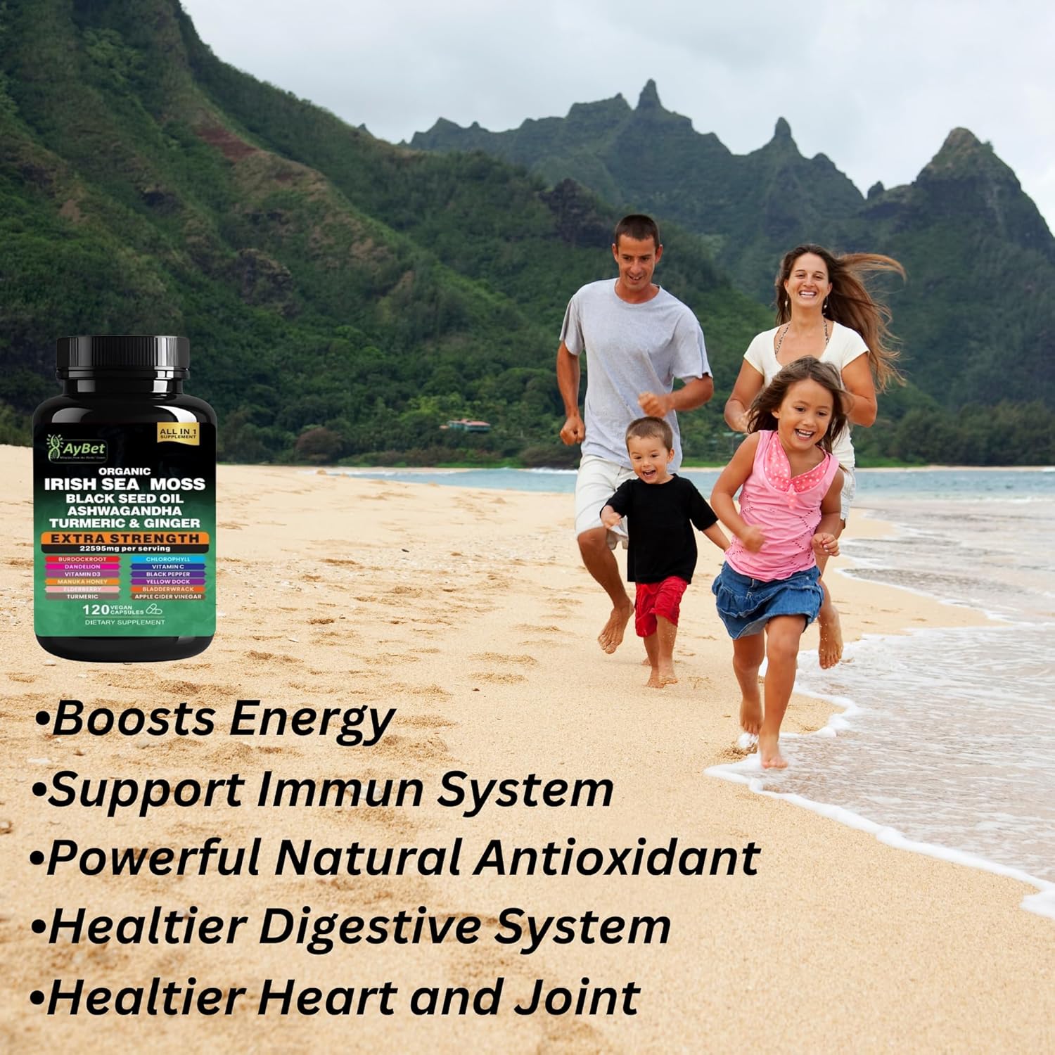Organic Irish Sea Moss, Black Seed Oil, Ashwagandha, Turmeric,Ginger Capsule, Bladderwrack, Burdock, VIT C&VIT D3, Elderberry, Manuka Honey, Dandelion, Yellow Dock, Apple Cider Vinegar, Halal, Vegan