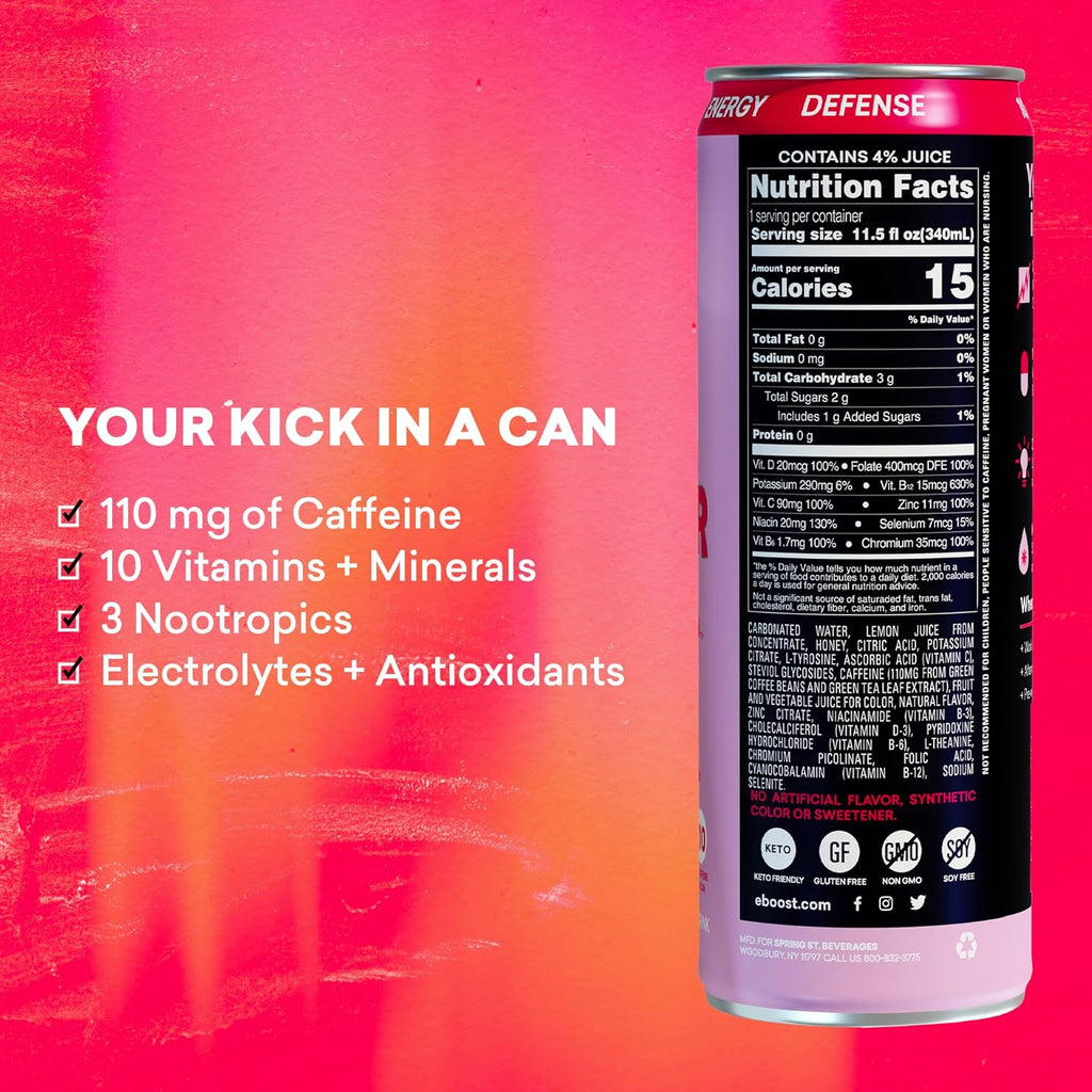 EBOOST Super Fuel Healthy Energy Drink - Caffeine from Natural & Clean Ingredients For Focus and Productivity -Taurine Free Pre-Workout With Electrolytes, Nootropic - Strawberry Lemonade, 12 Pack