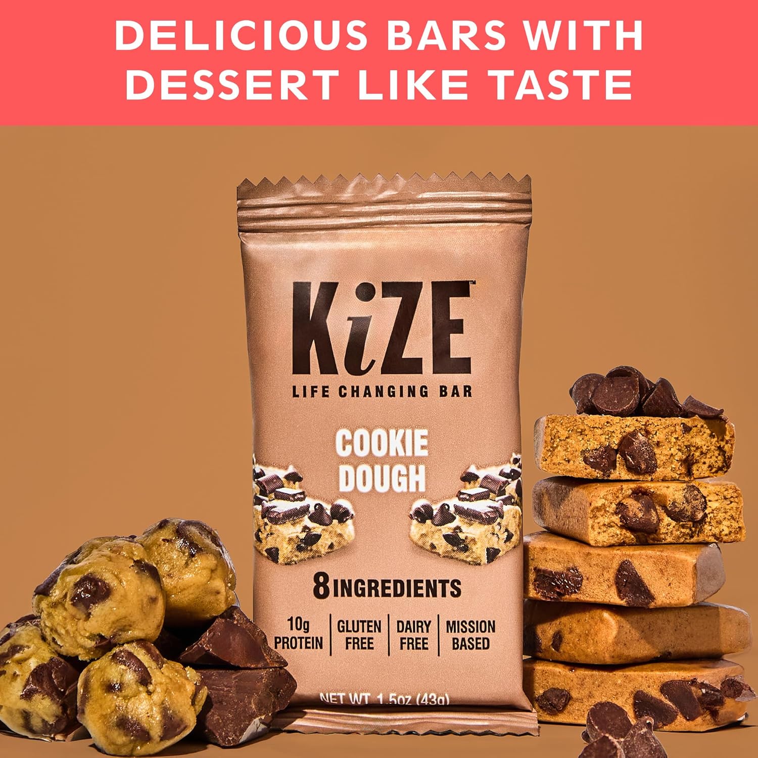KiZE Energy Bars - Cookie Dough - Gluten Free, Dairy Free, Non-GMO, and High Protein Meal Replacement Energy Bars, Clean and Simple Food Ingredients - 10g High Protein Snacks, (10 Count)