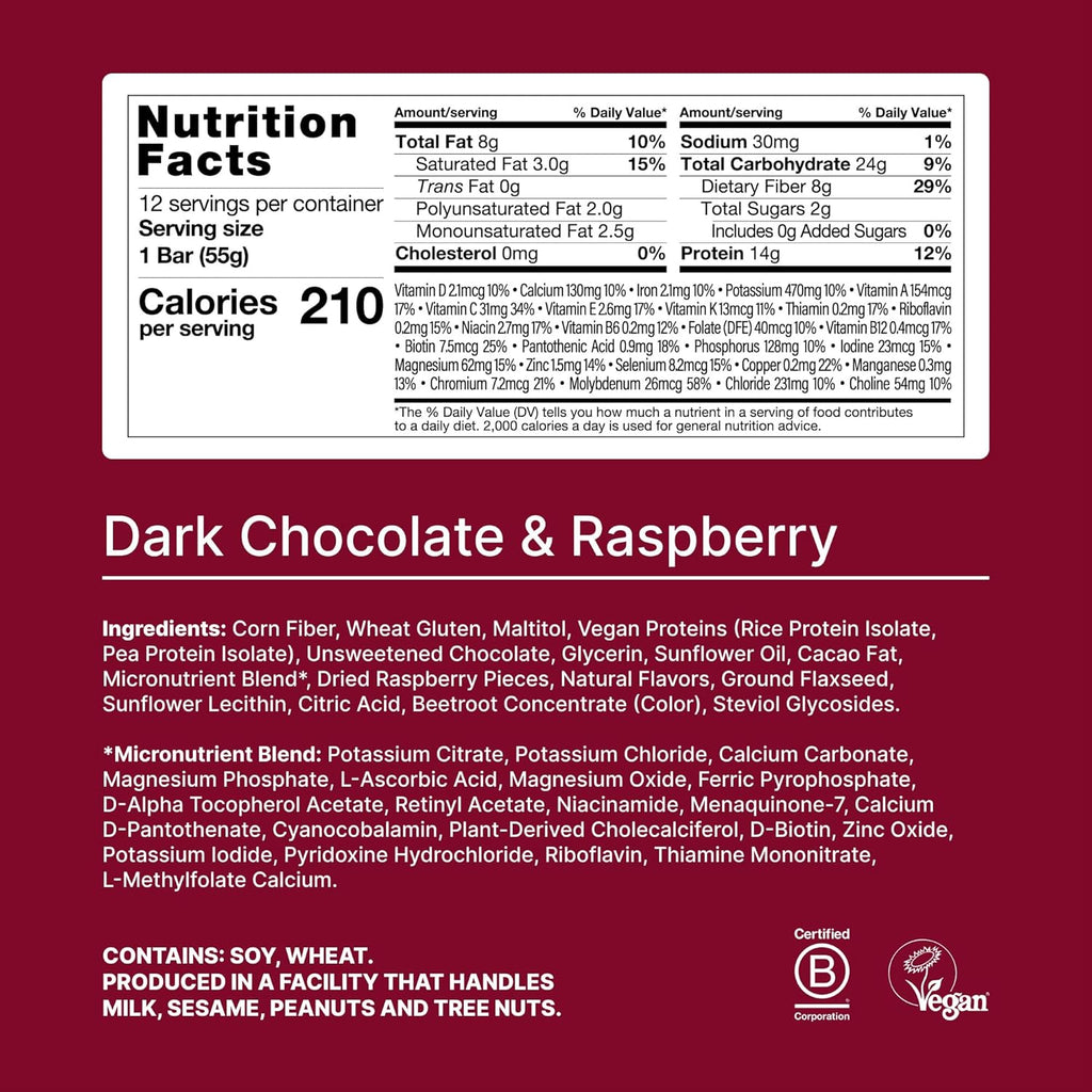 Huel Complete Nutrition Vegan Protein Bars | Dark Chocolate Raspberry | 13g Protein | 27 Vitamins & Minerals, 2g Sugar, Non-GMO, 100% Plant Based Snack | 12 Pack