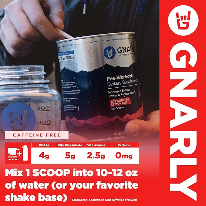 Gnarly Nutrition Natural Pre-Workout Powder, Strawberry Lemonade – NSF Contents Certified, Endurance & Recovery – Vegan Pre-Workout, Sports Nutrition – Strawberry Lemonade Caffeine Free, 14.82 oz