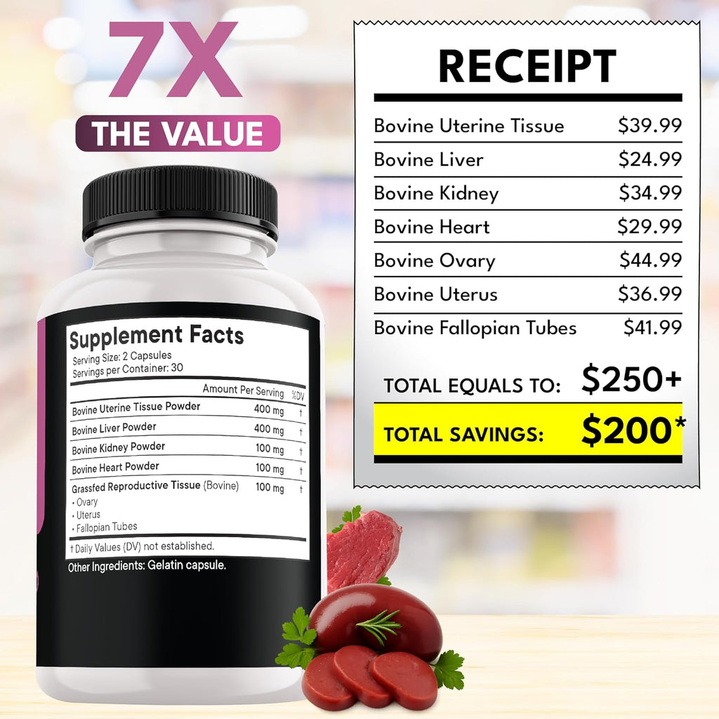 NEW AGE Beef Organ Supplement for Women – Supports Hormone Balance, Energy & Wellness – Pasture Raised Superfood – Liver, Heart, Kidney, Uterine Tissue – Ovary, Uterus, Fallopian Female Support-120