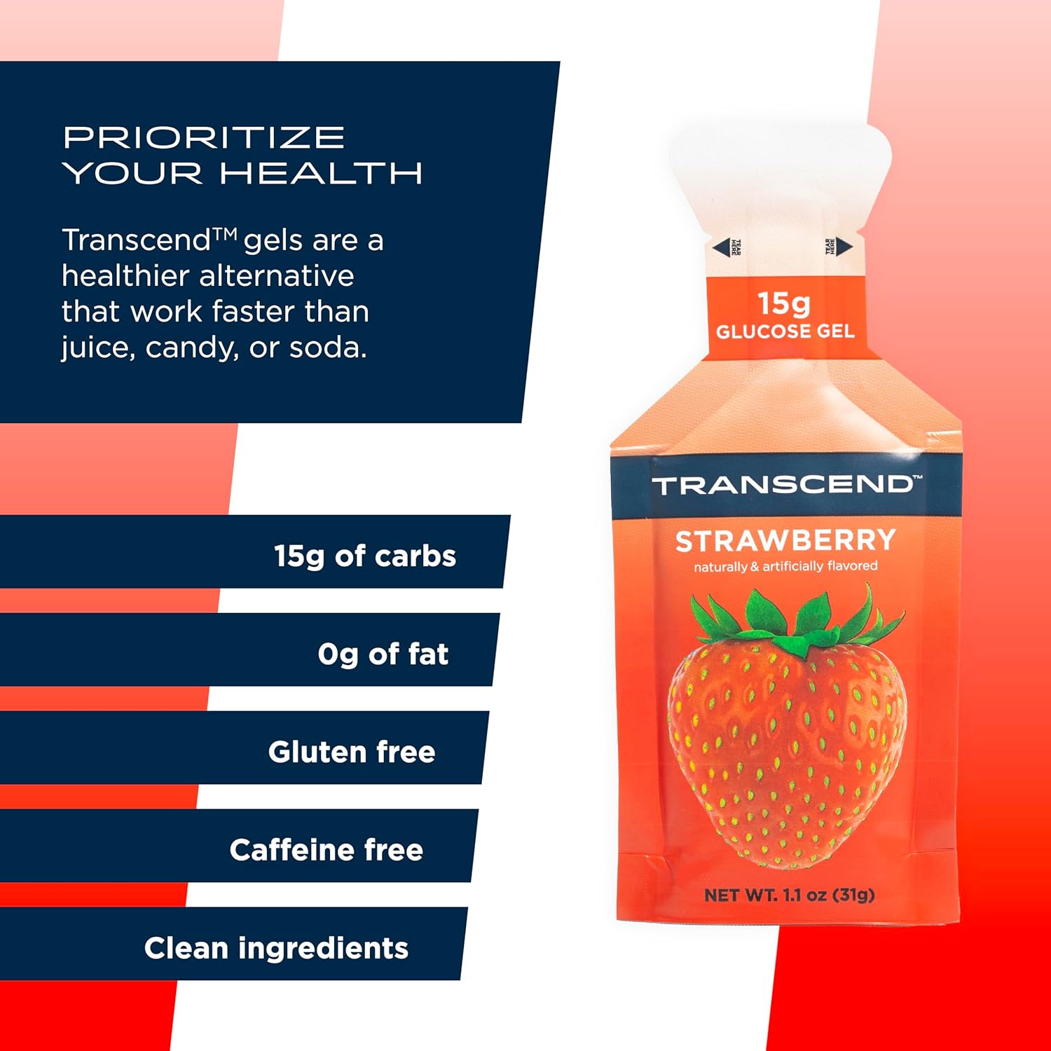 Transcend Foods Strawberry Gel (1.1 oz, Pack of 10) Fast-Acting Carb Gel Strawberry Flavor – Caffeine Free, Gluten Free