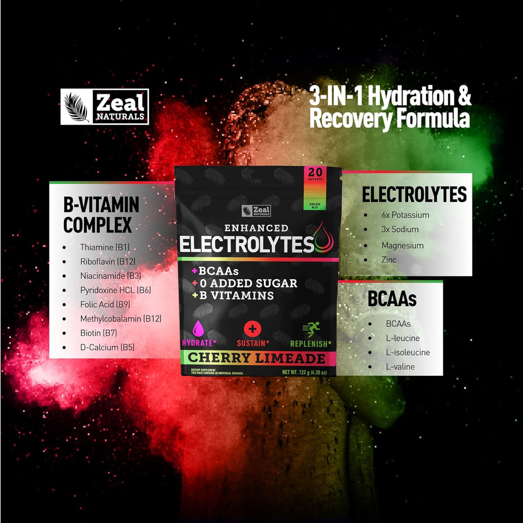 Enhanced Electrolyte Powder Stick Packs (Cherry Limeade | 20 Packets) w/ 0 Sugar +BCAAs +B-Vitamins Electrolyte Supplement w Potassium Zinc & Magnesium for Hydration - Keto Electrolytes