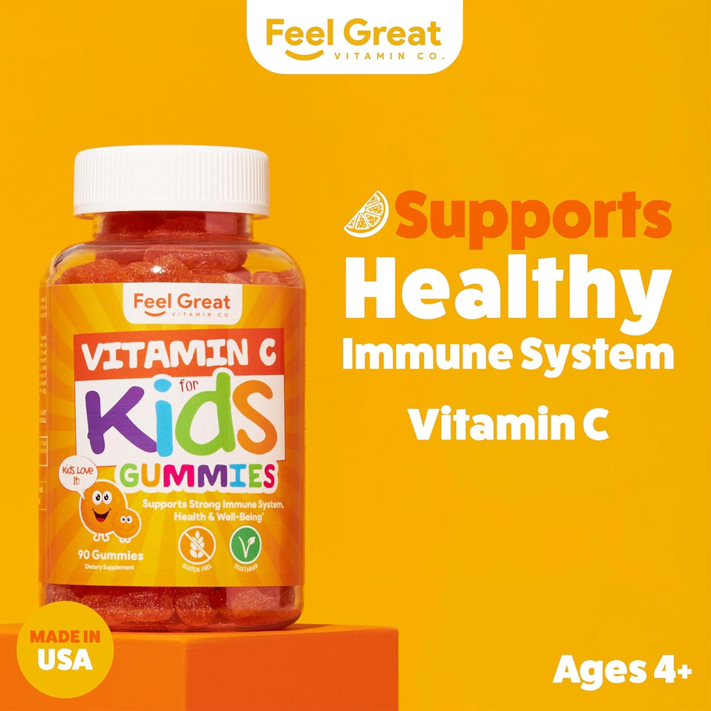 Kids Vitamin C Gummies Chewable for Immune Defense | Plant-Based, Gluten Free | Vegan | 250 mg per Serving | 90 Gummies | Vitamins for Kids by Feel Great Vitamin Co.