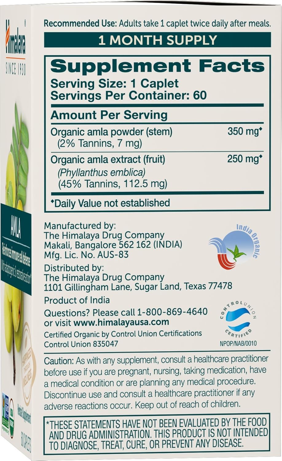 Himalaya Organic Amla Natural Antioxidant for Immune Support, 60 Caplets, 1 Month Supply