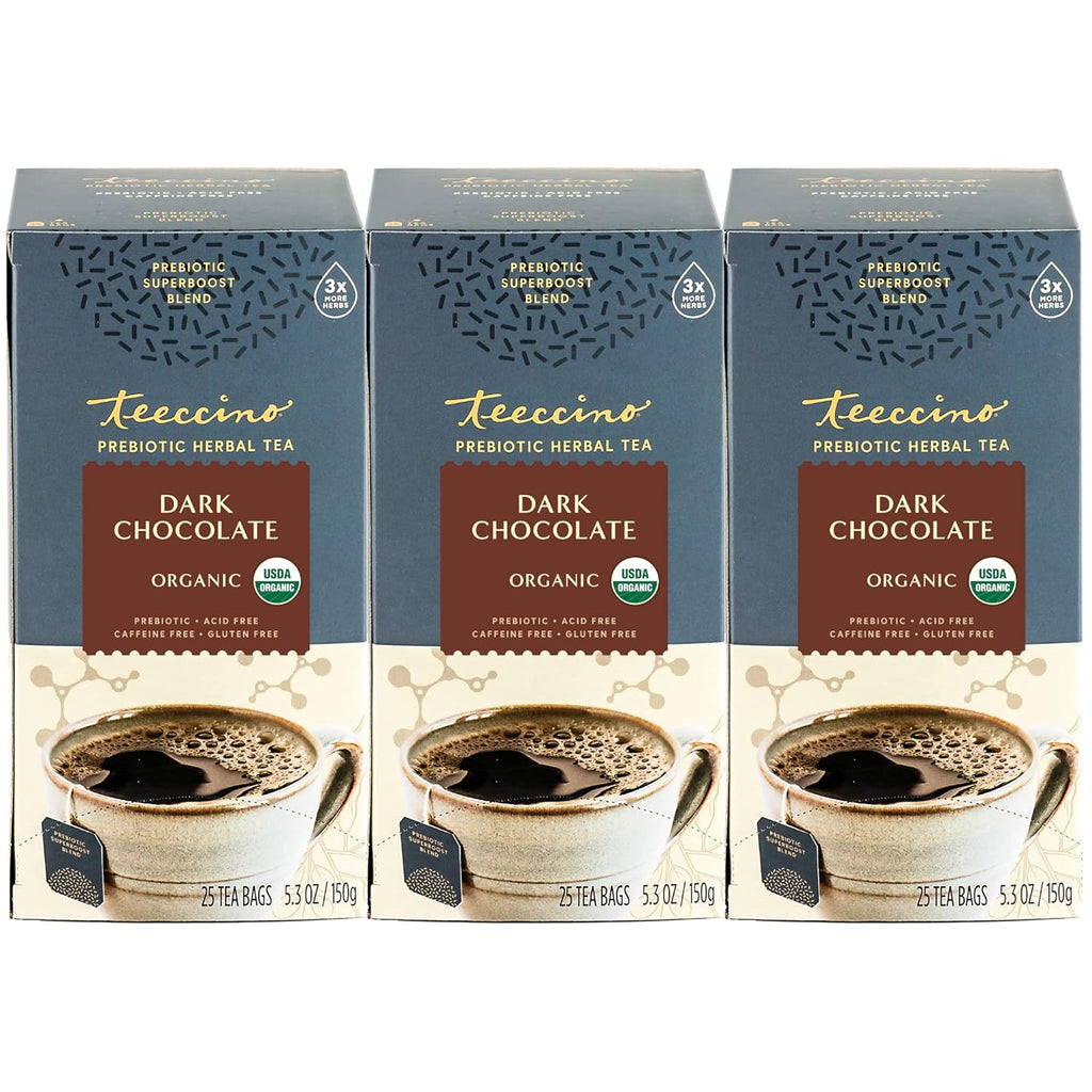Teeccino Dark Chocolate - Prebiotic SuperBoost™ Herbal Tea - Support Your Probiotics with Vegan GOS & Organic XOS For Good Gut Health and Regularity, Digestive Chocolate Tea, 25 Tea Bags (Pack of 3)