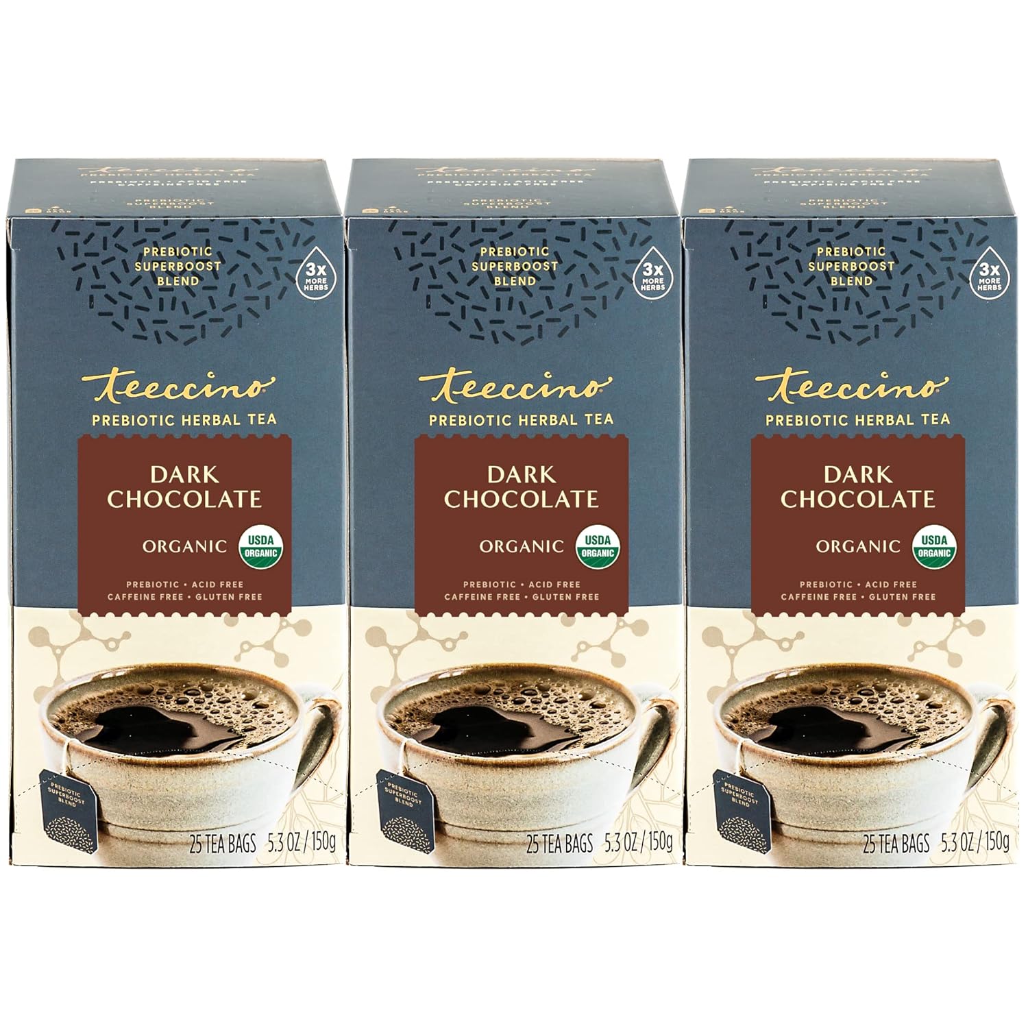 Teeccino Dark Chocolate - Prebiotic SuperBoost™ Herbal Tea - Support Your Probiotics with Vegan GOS & Organic XOS For Good Gut Health and Regularity, Digestive Chocolate Tea, 25 Tea Bags (Pack of 3)