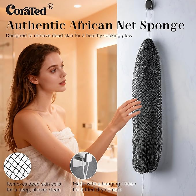 CORATED African Net Sponge Authentic, Shower Loofah Exfoliating Bath Sponge, Body Scrubber for Women and Men Daily Use Body Care, Travel Portable Bath Accessories for Bathroom (Blue & Black)