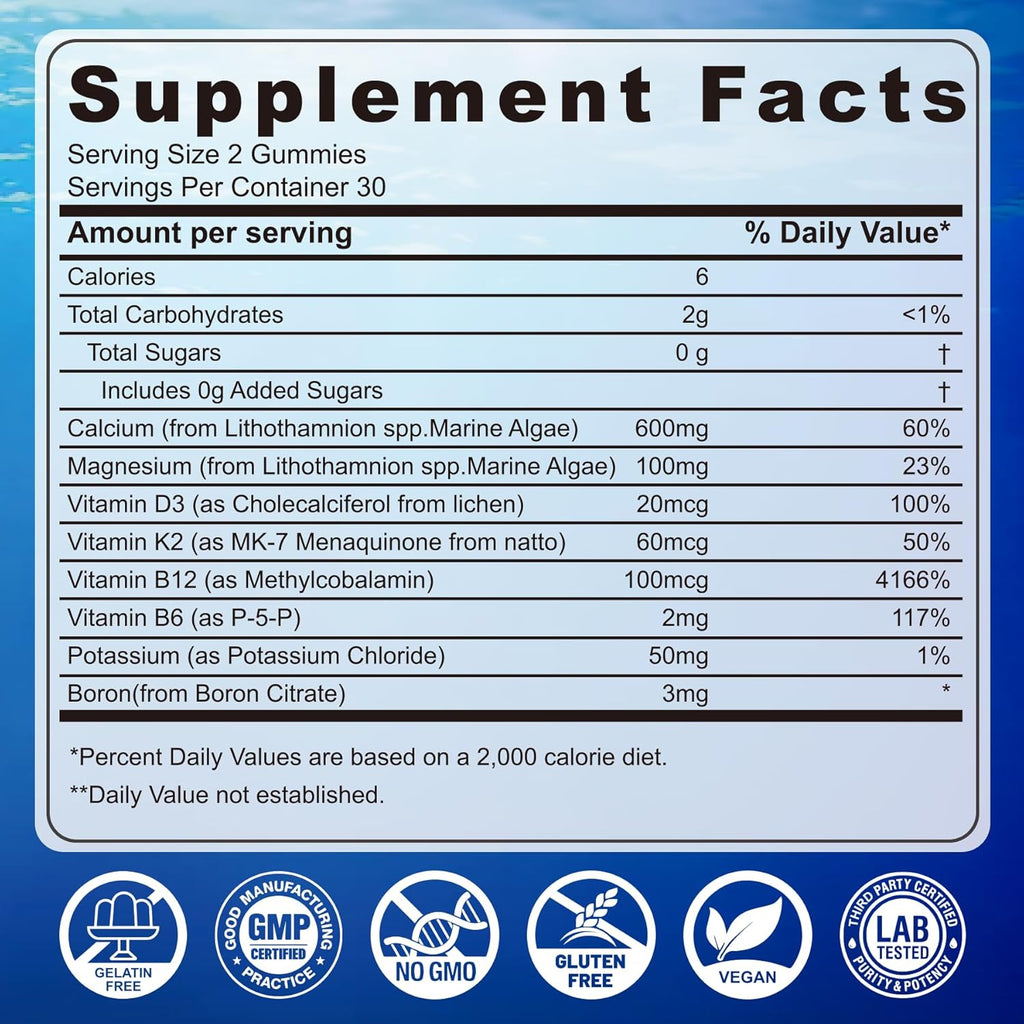 Calcium Gummies 600mg - Calcium Supplement for Women, Ocean Algae Calcium | Vitamin D3, K2, Magnesium | for Bone Strength, Muscle & Immnue | Sustainably Sourced Algae Calcium, 70+ Mineral, Vegan,2PACK