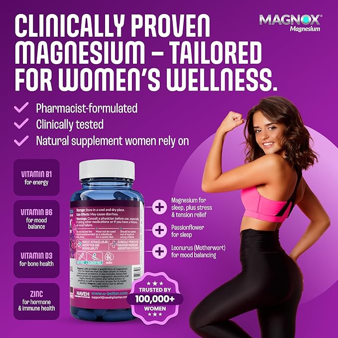 MAGNOX® Lady Magnesium Supplement | Menopause and PMS Support Supplement for Women | Magnesium Complex with Vitamins B6, B1, B12, D, Zinc | High-Absorption Dead Sea Organic Magnesium | 60 Capsules