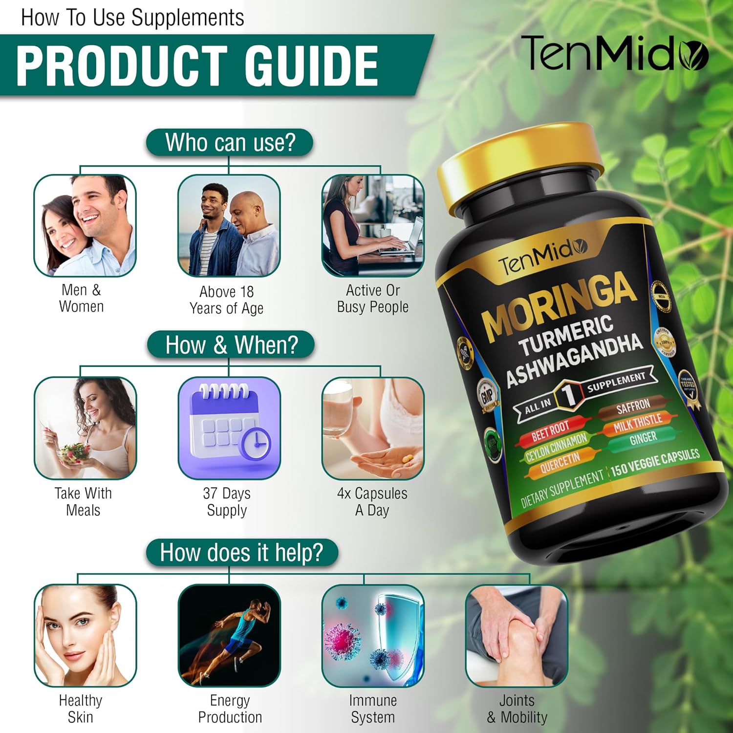 Moringa Oleifera Supplement for Men and Women, 10in1 Formula with Turmeric, Ashwagandha, Ceylon Cinnamon, Beet Root, Saffron & More - Energy, Immune Support - Nutrient Rich - 150 Capsules