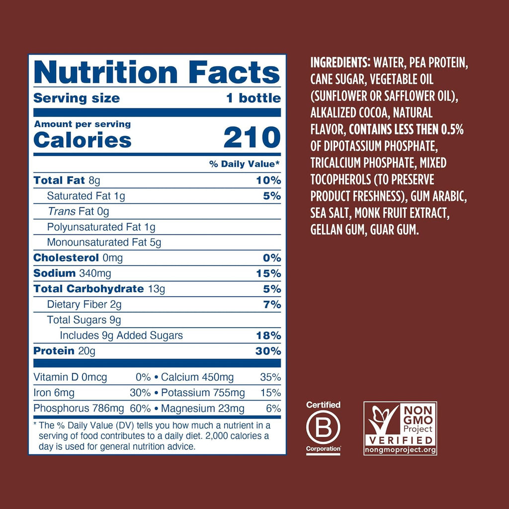 Ripple Vegan Protein Shake | Chocolate | 20g Nutritious Plant Based Pea Protein | Shelf Stable | No GMOs, Soy, Nut, Gluten, Lactose | 12 Oz, 12 Pack