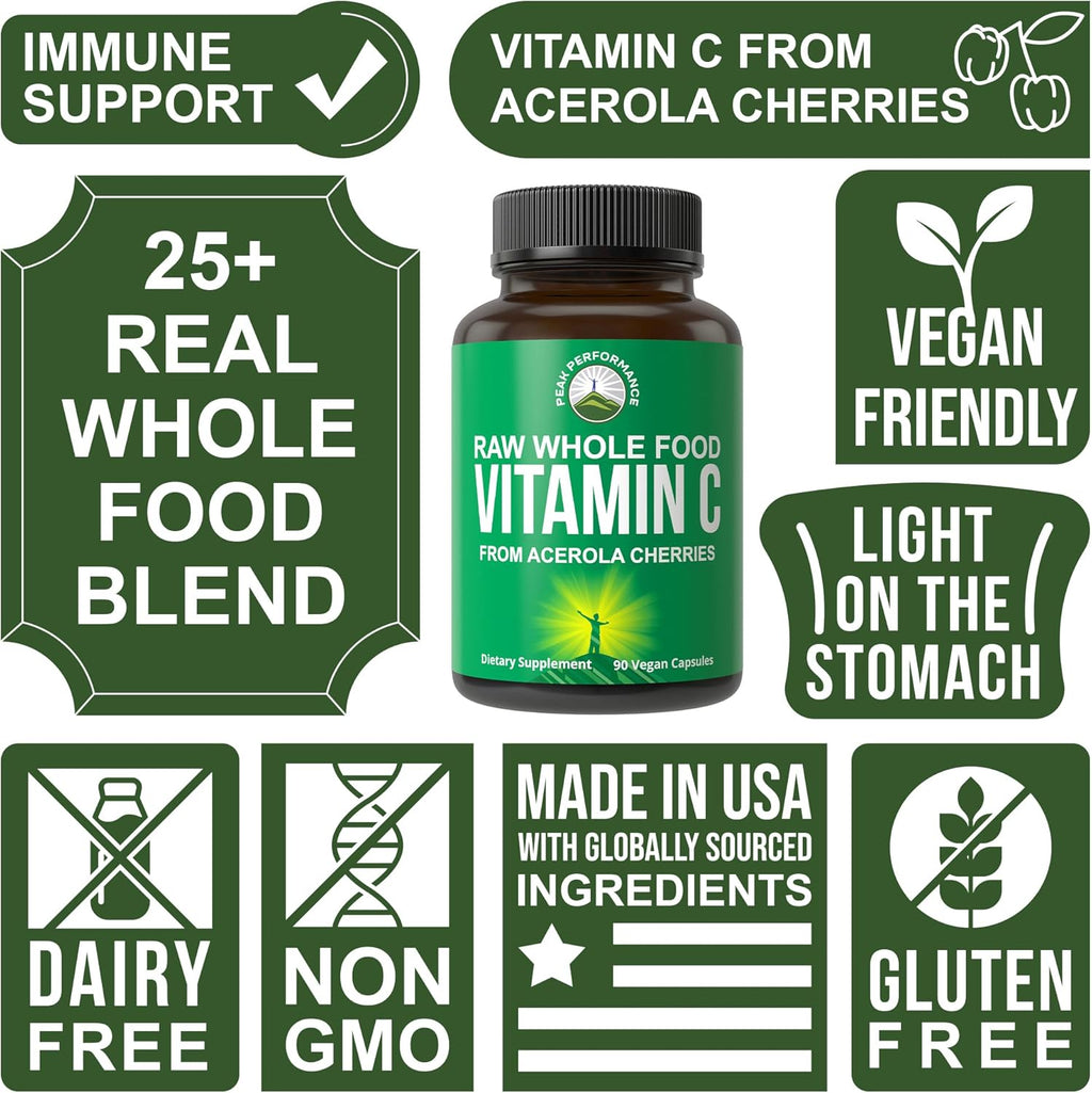 Peak Performance Raw Whole Food Natural Vitamin C Capsules from Acerola Cherry for Max Absorption. Vegan USA Sourced Vitamin C Supplement 90 Pills. 500 mg Serving or 2 Servings 1000mg