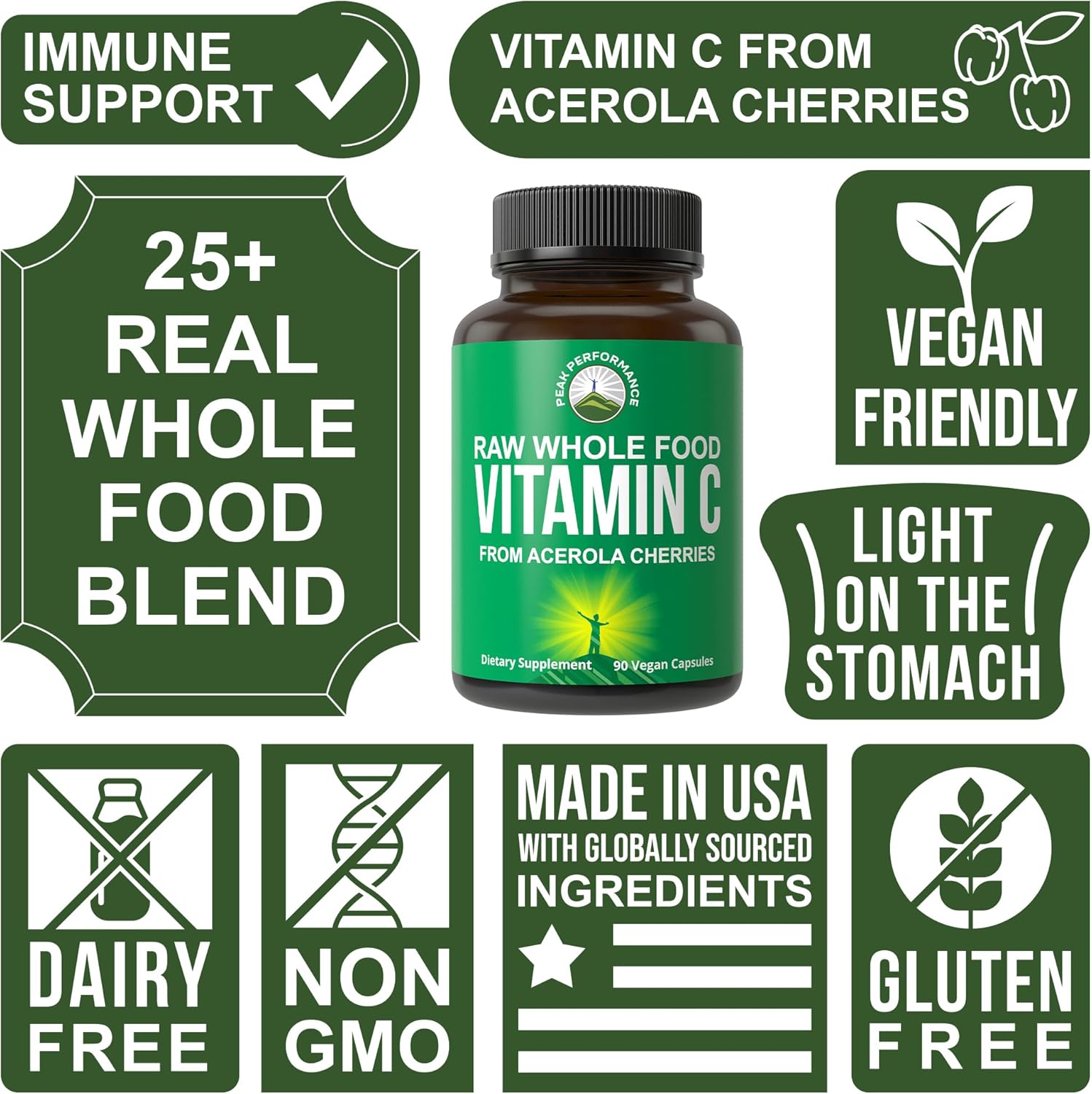 Peak Performance Raw Whole Food Natural Vitamin C Capsules from Acerola Cherry for Max Absorption. Vegan USA Sourced Vitamin C Supplement 90 Pills. 500 mg Serving or 2 Servings 1000mg