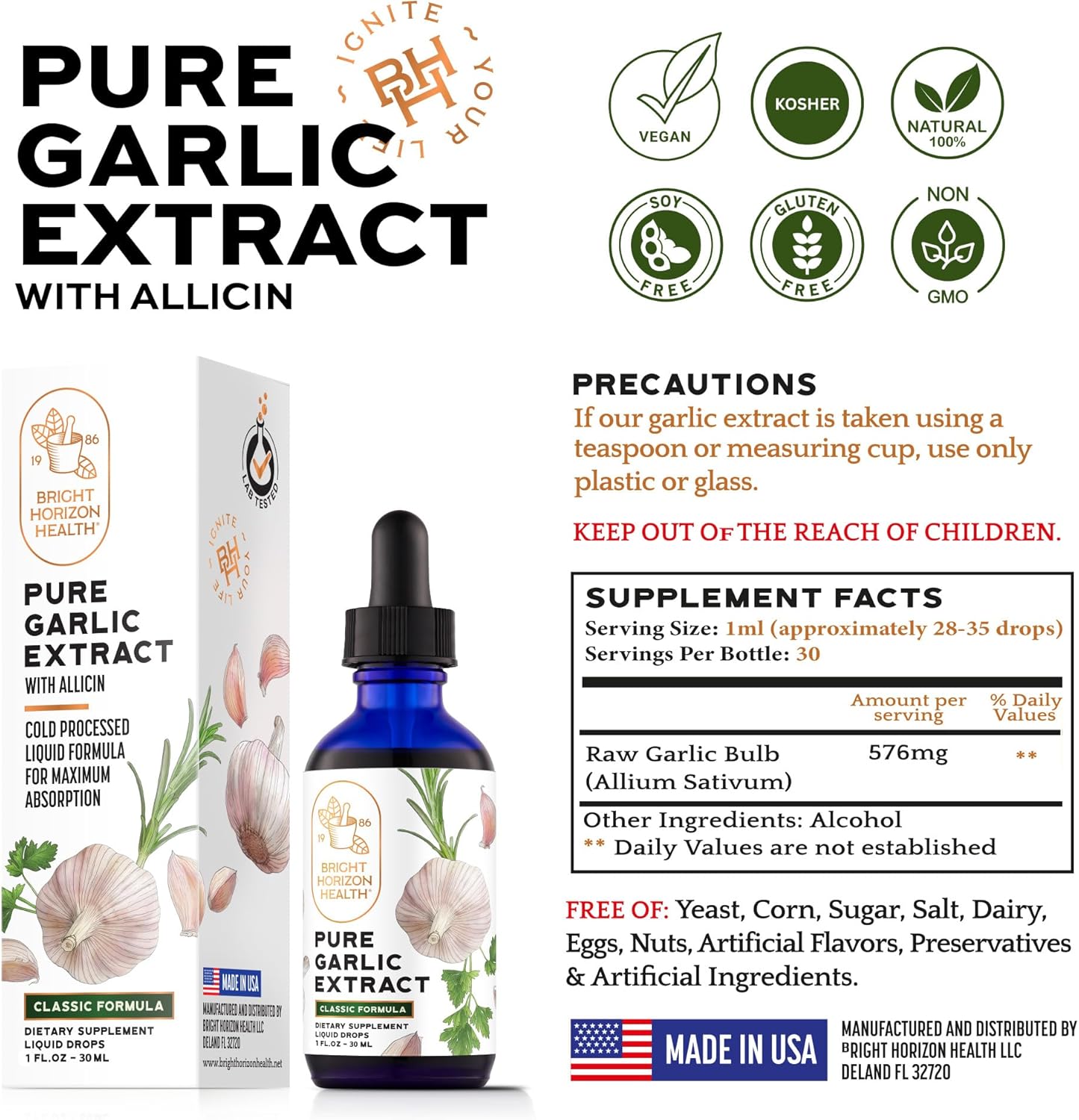 Pure Garlic Extract with Allicin Classic Cold-Processed Liquid Formula – 1 fl oz Dropper Bottle – Vegan, Non-GMO, No Additives