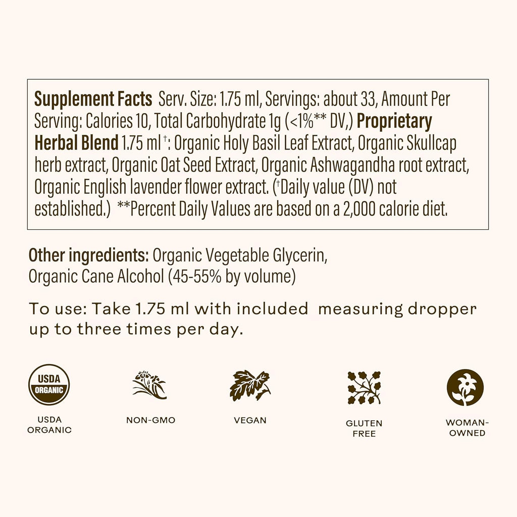 Wooden Spoon Herbs Tranquility Tonic | Organic Stress Relief & Sleep Aid Tincture | Unique Herbal Blend of Skullcap, Ashwagandha, Oat Tops, Holy Basil, Lavender | 2oz, 32 Servings